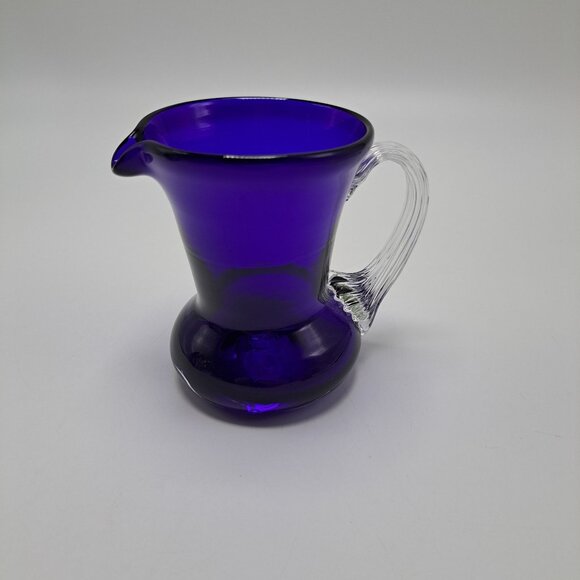 Pilgrim Glass Blue Pitcher Vase Creamer With Clear Ribbed Handle - Picture 1 of 10
